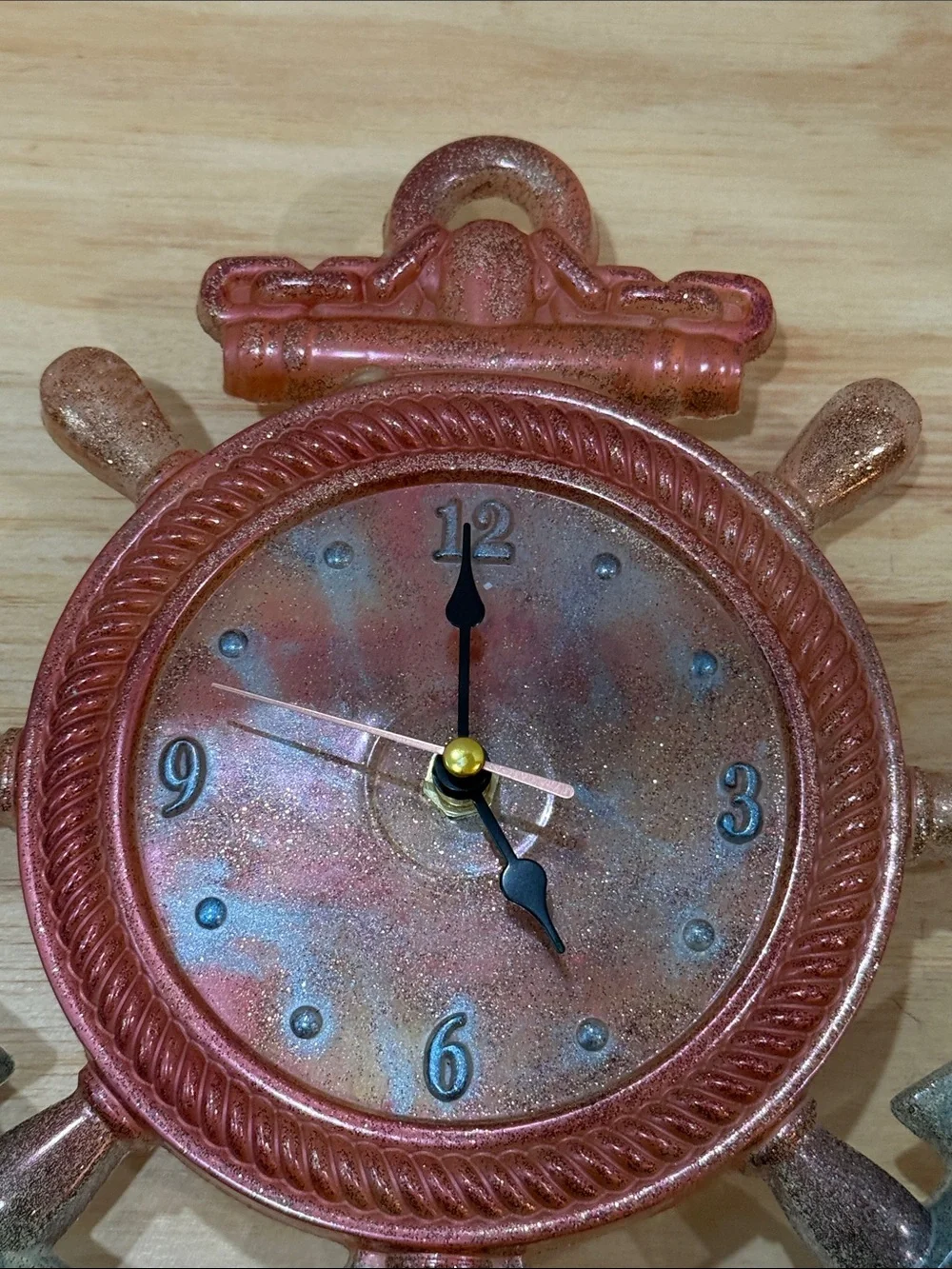 Coastal Ship Wheel Wall Clock in Copper and Teal